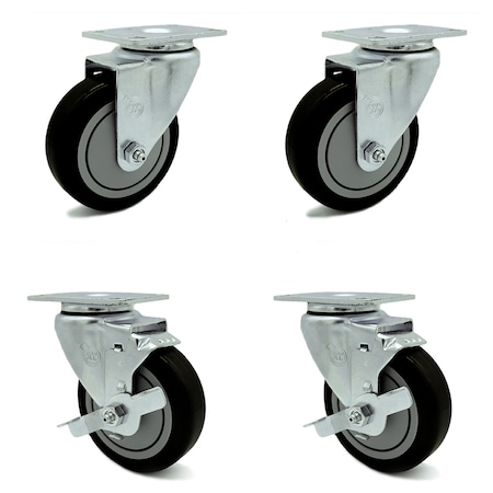 Service Caster 4 Inch Black Polyurethane Wheel Swivel Top Plate Caster Set with 2 Brakes SCC SCC-20S414-PPUB-BLK-TP3-2-TLB-2